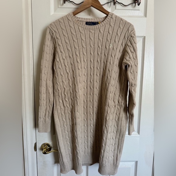 Polo Ralph Lauren Cable Knit Sweater Dress Womens Large Tan Beige - Picture 2 of 5
